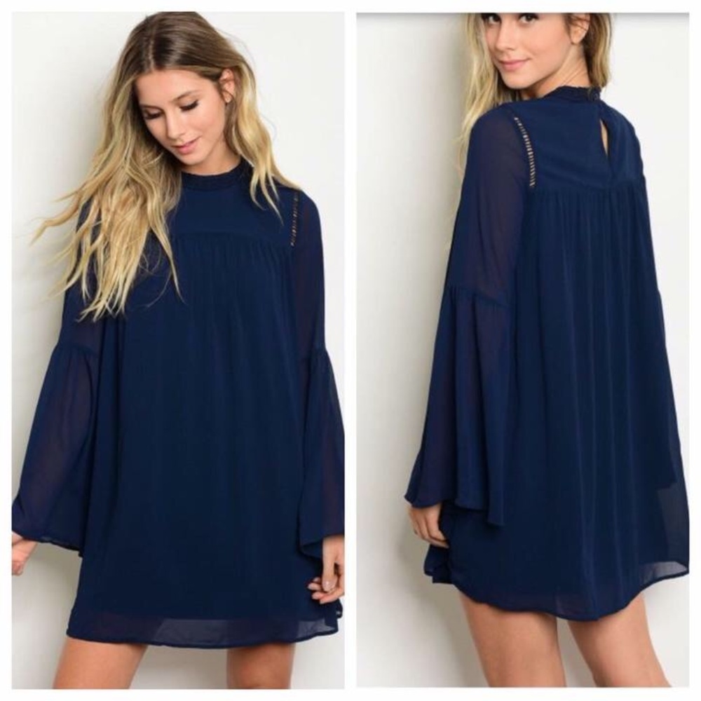Navy Boho Bell Sleeve Dress