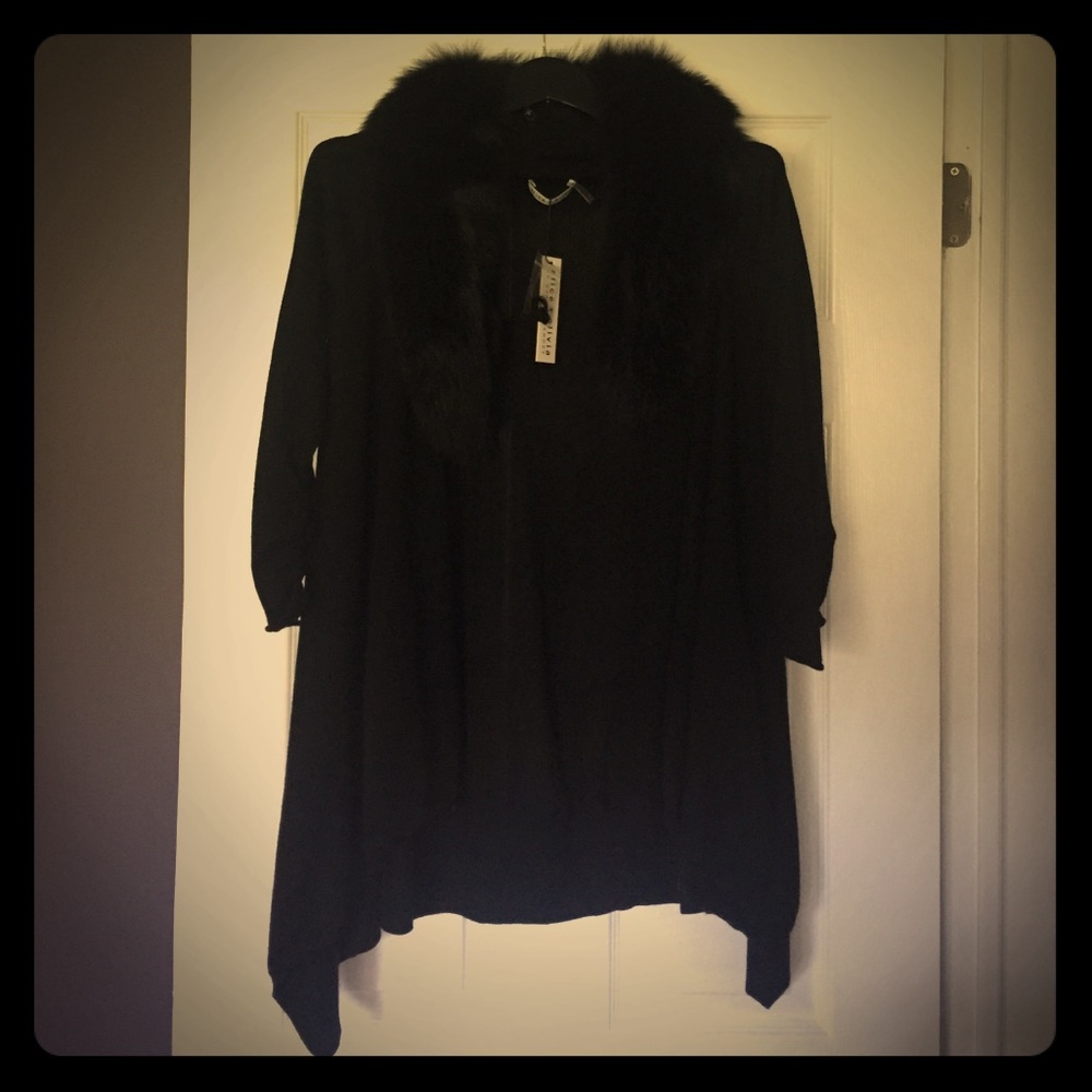 Black Wool/Cashmere Cardigan w Real Fur Collar