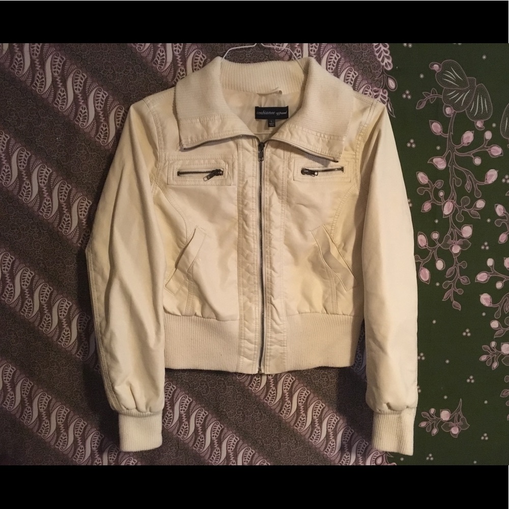 Cream faux leather bomber jacket