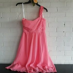 Coral 1 sleeve bridesmaids dress
