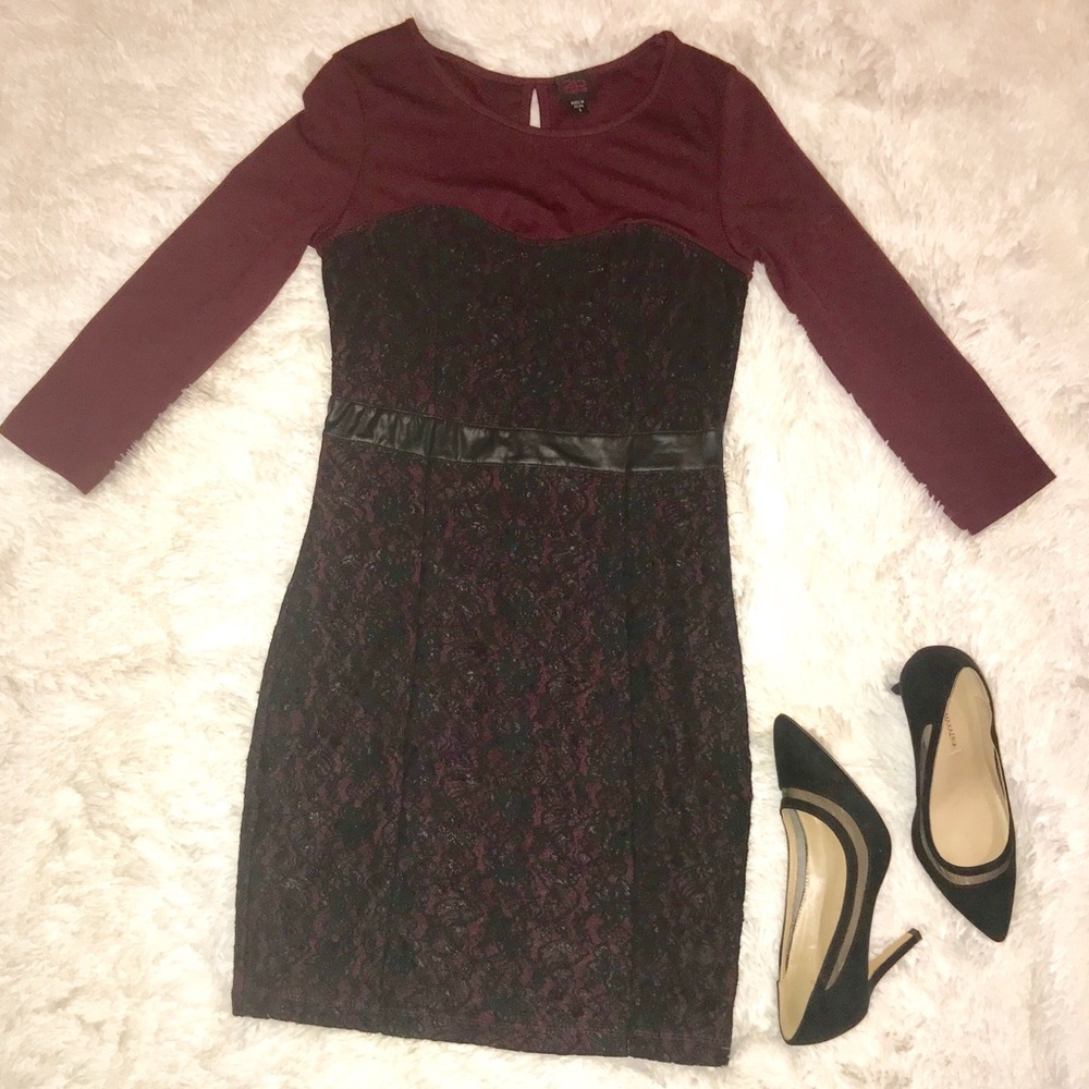 Long sleeve black and maroon lace detail dress