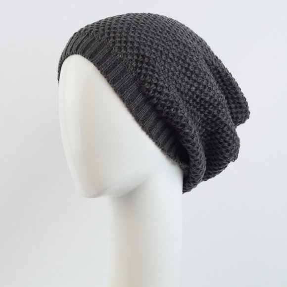 waffled // knit slouchy beanie hat charcoal gray - Picture 2 of 2