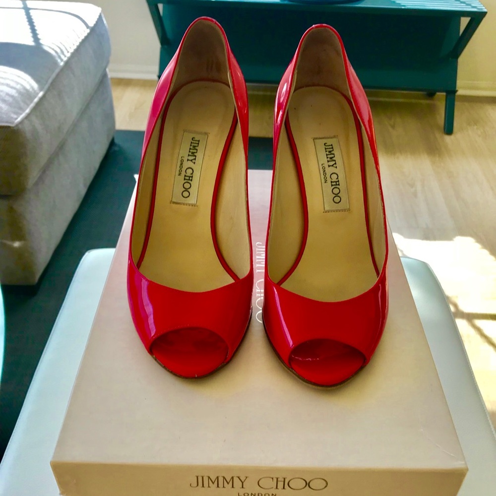 Jimmy Choo hot pink patent leather wedges