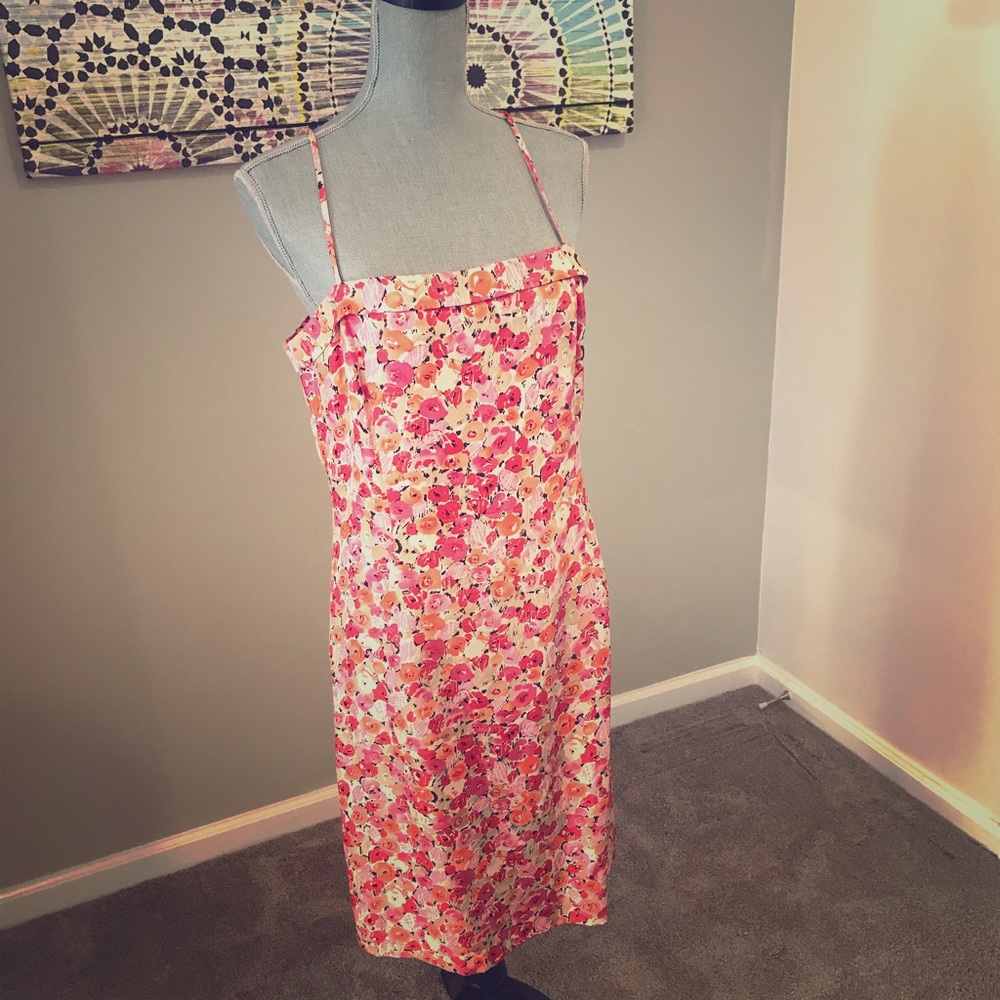 Ann Taylor 12 petite silk floral dress pink red