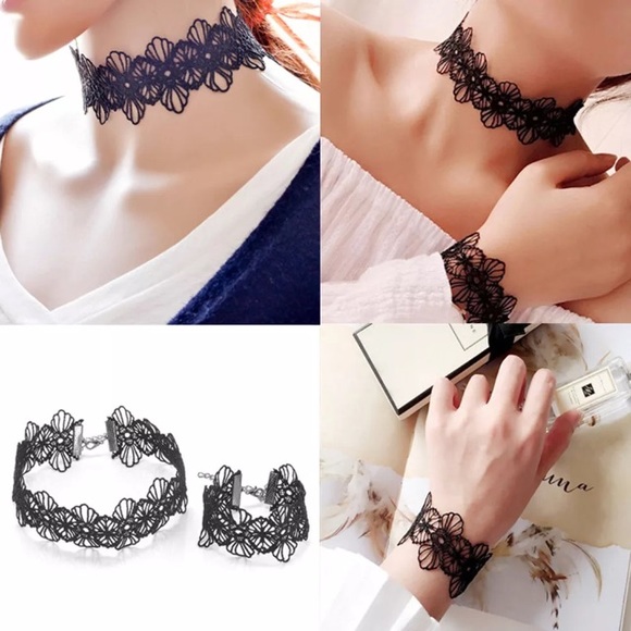 Black flower lace choker & bracelet set - Picture 2 of 2