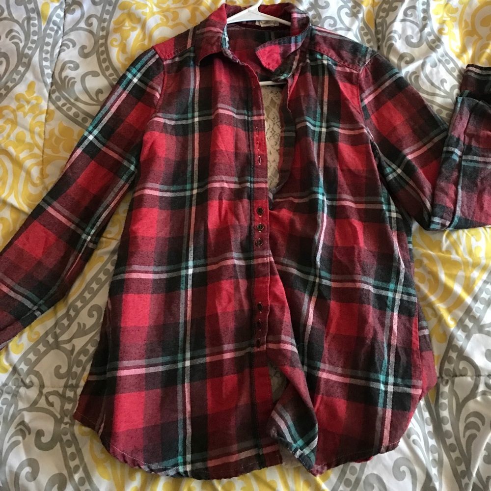 Lace back flannel button up