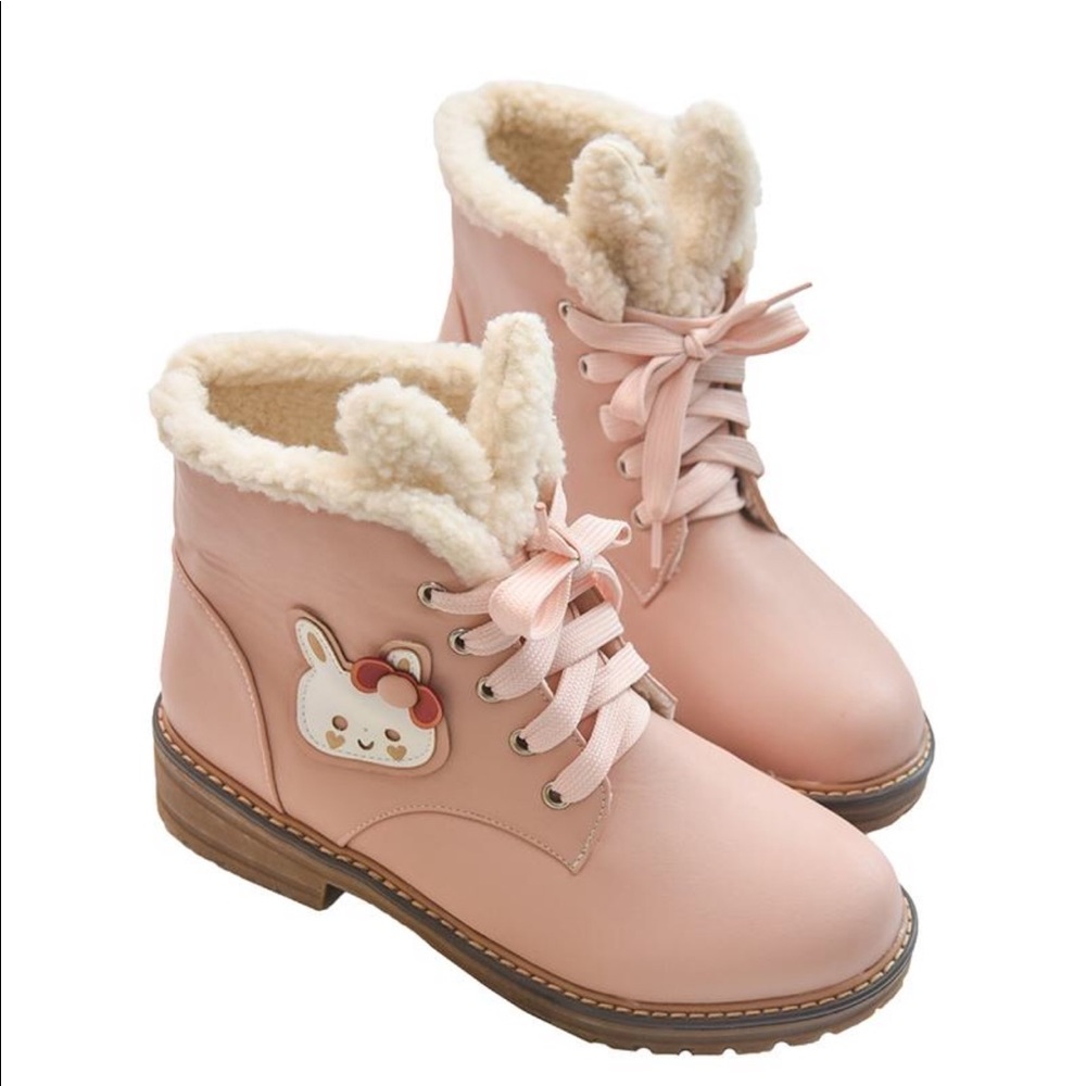 Pink Kawaii Fluffy Bunny Boots