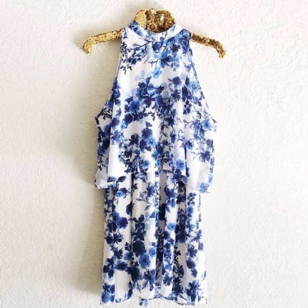 Blue and White Floral Overlay Dress