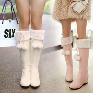 Beige Sweet Lolita Kawaii Bow Fluffy High Boots
