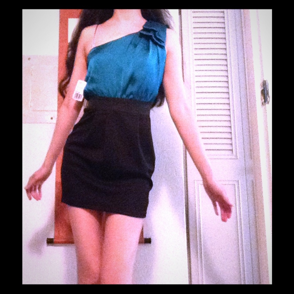 Forever 21 One Shoulder Green Teal Black Dress New