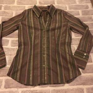 New York & Company Green Pink Gold Button Shirt