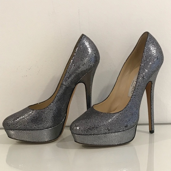 JIMMY CHOO EROS Anthracite Glitter Platform Heels - Picture 2 of 8