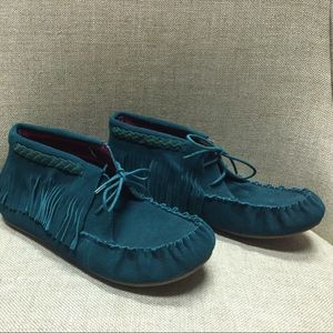 Turquoise suede moccasins