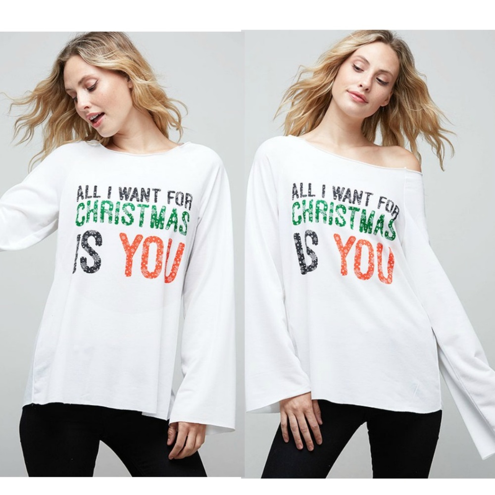 Festive  ALL I WANT FOR CHRISTMAS off shoulder TOP - Picture 2 of 3