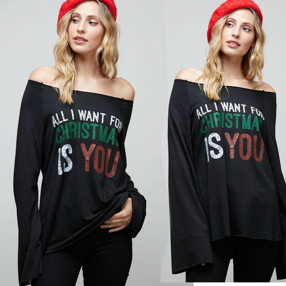 Festive  ALL I WANT FOR CHRISTMAS off shoulder TOP - Picture 3 of 3