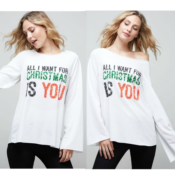 Festive ALL I WANT FOR CHRISTMAS off shoulder TOP - Picture 2 of 3