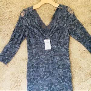 CACHE LACE AND SEQUIN V NECK FITTED DRESS