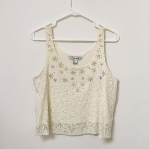 Rhinestone Embellished Cropped Lace Tank Top