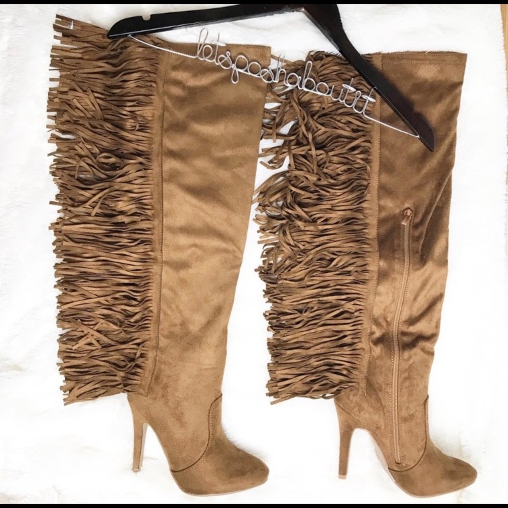 Brown , suede, fringe , knee high boots