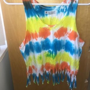 Tie dye sleeves top with fringe