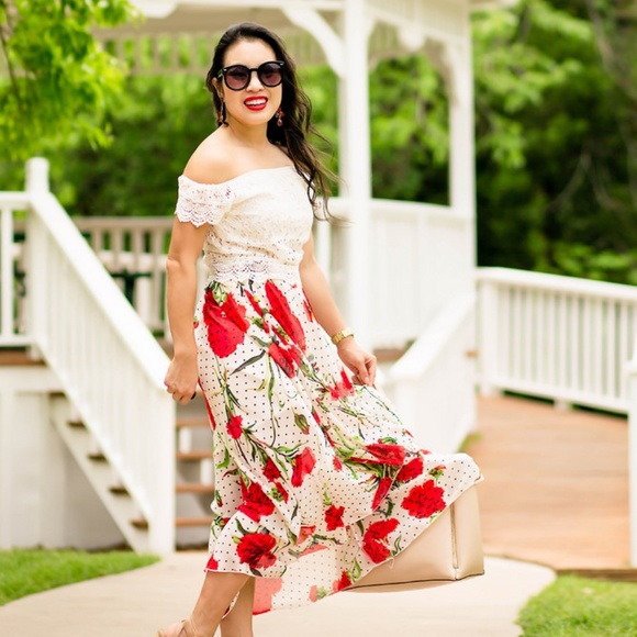 Shein red floral polka dot skirt - Picture 2 of 4