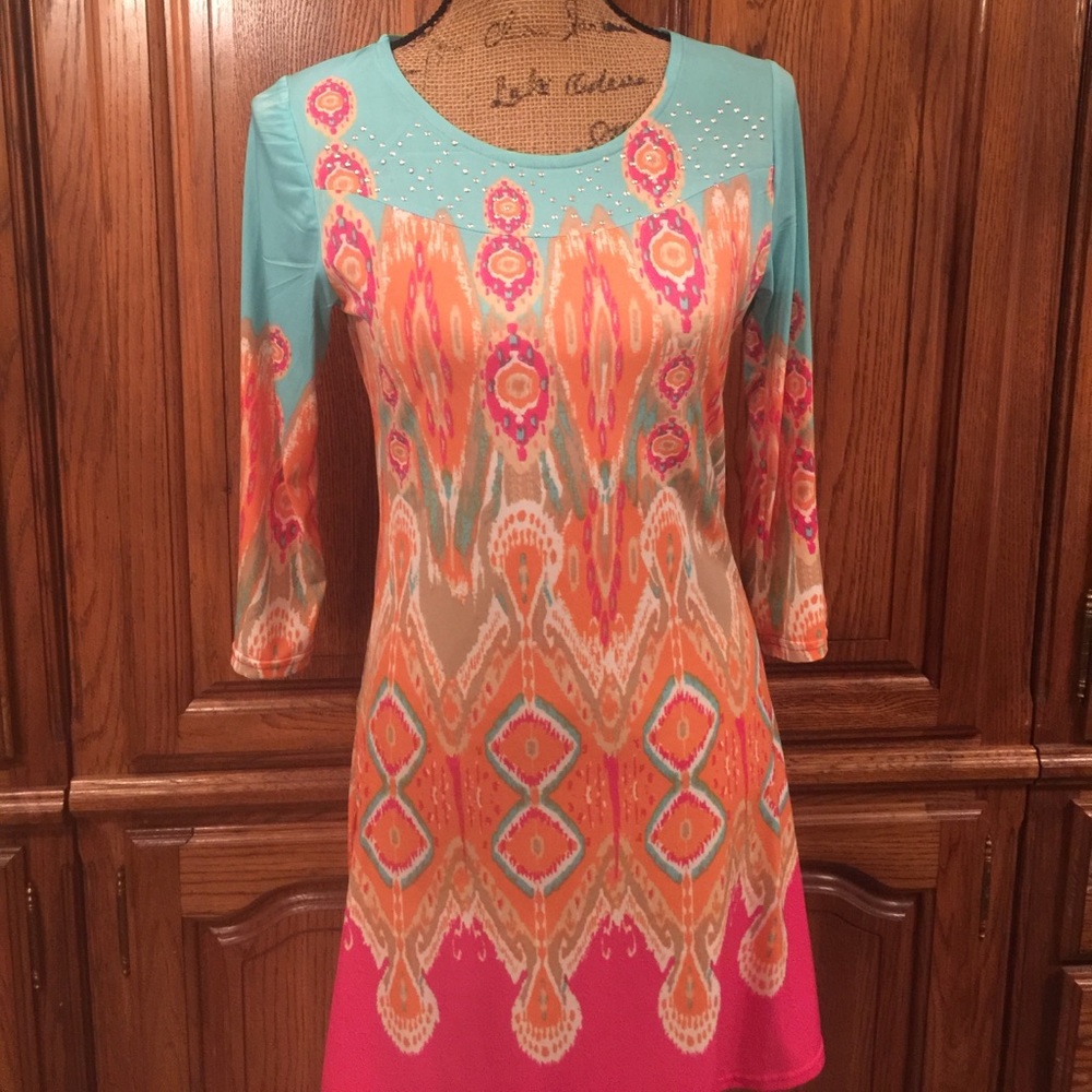 646 Main Southwestern Print 3/4 Sleeves Dress