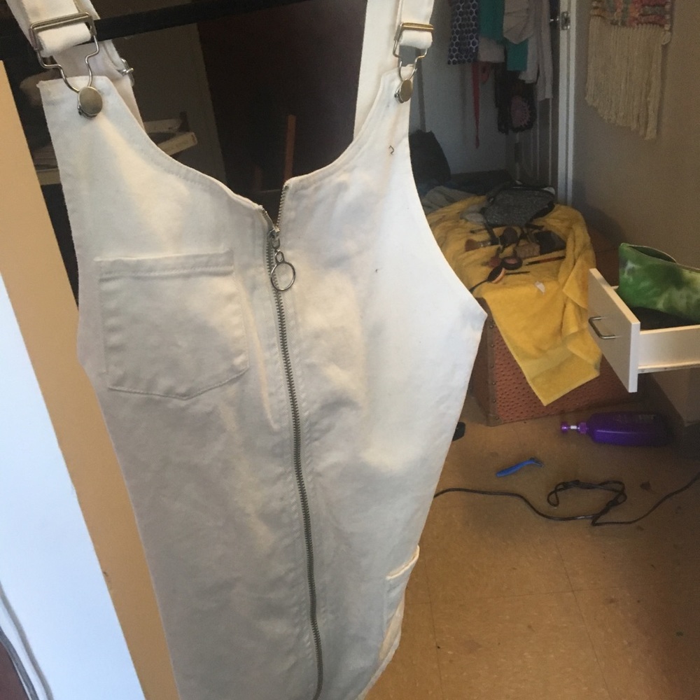 Zippered white jean overall dress