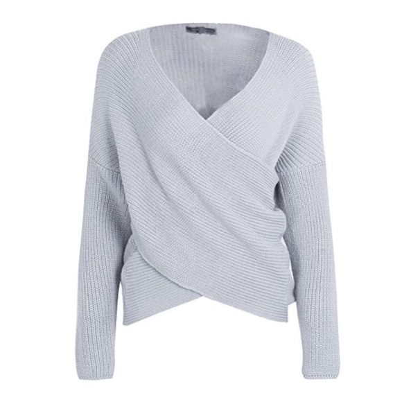 Cross Wrap Front Chunky Knit V Neck Sweater Grey - Picture 6 of 8