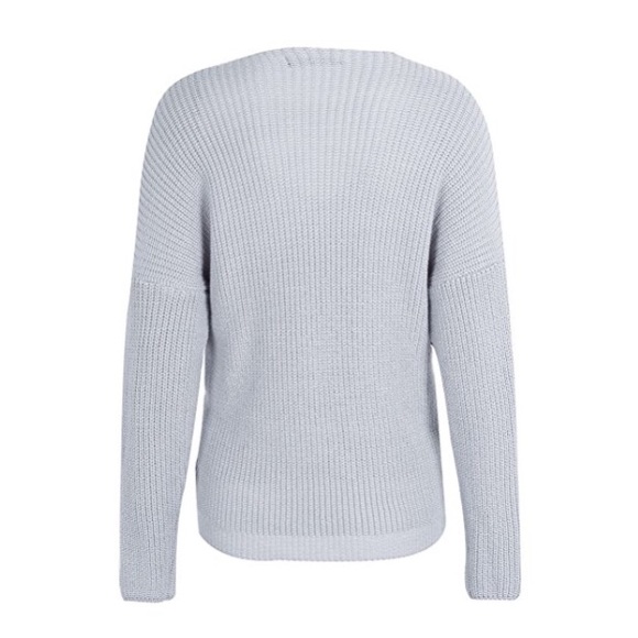 Cross Wrap Front Chunky Knit V Neck Sweater Grey - Picture 8 of 8