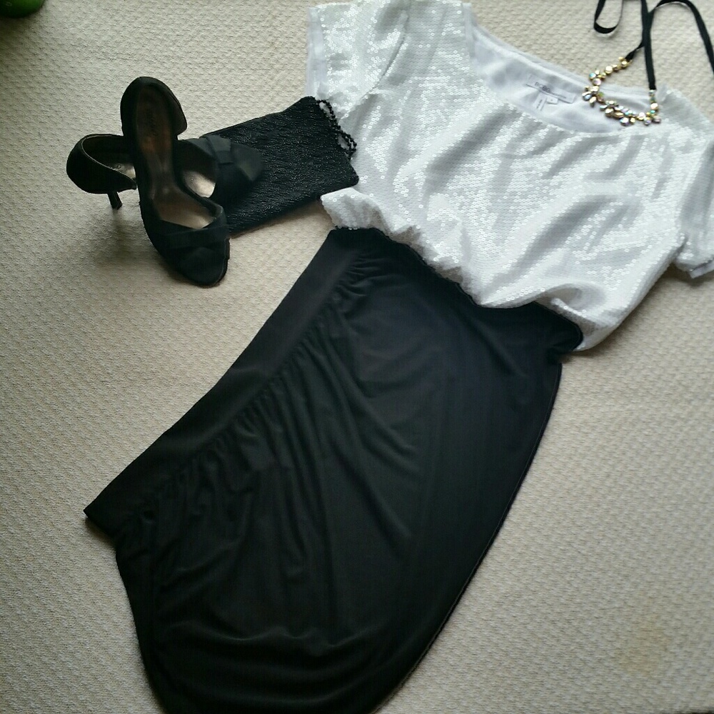 BCBG White Black Sequin Top Cocktail Dress