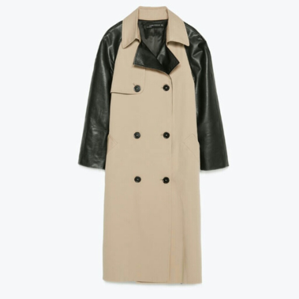 Zara Contrast Leather Sleeve Trench Coat