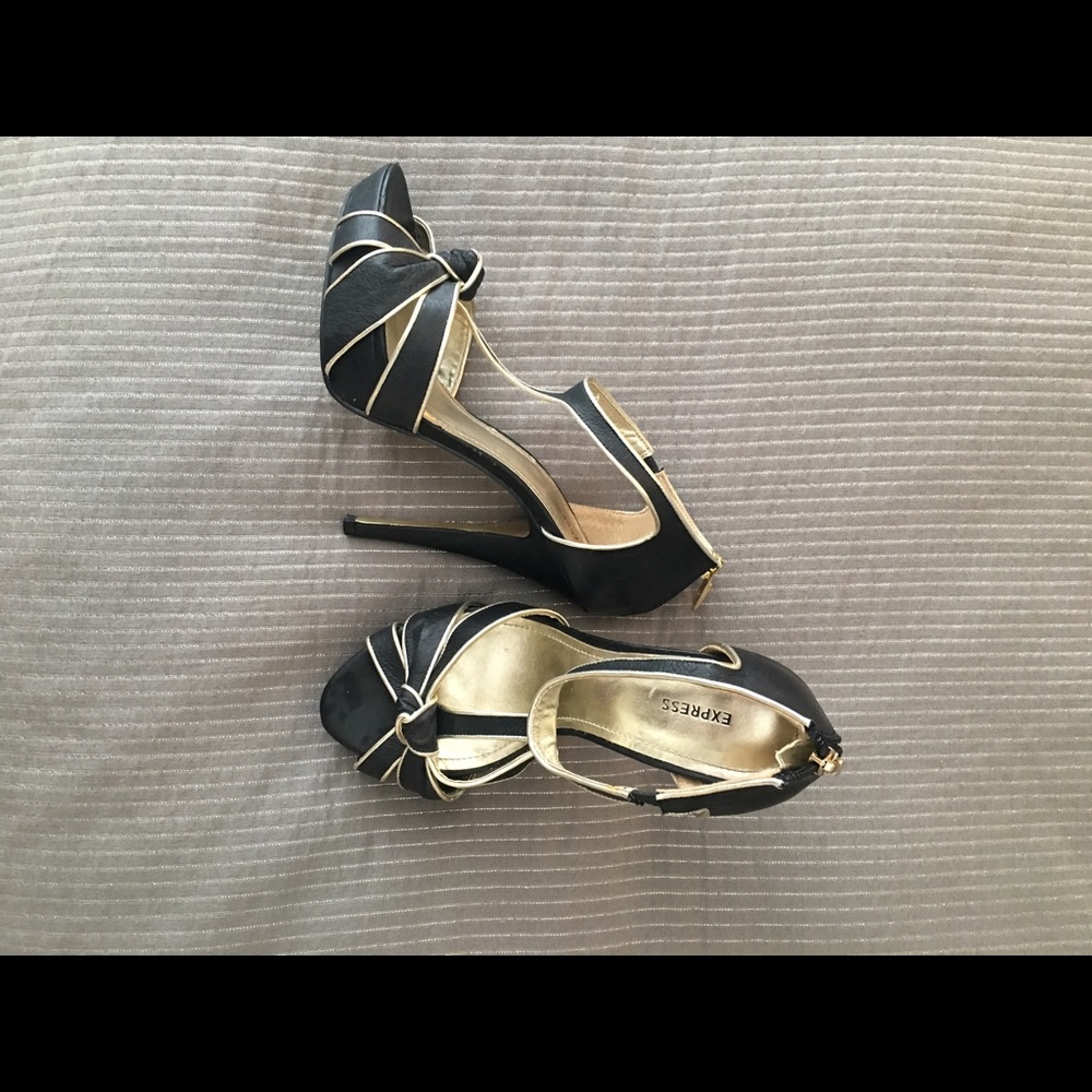 Size 8 Express black heels with gold accents