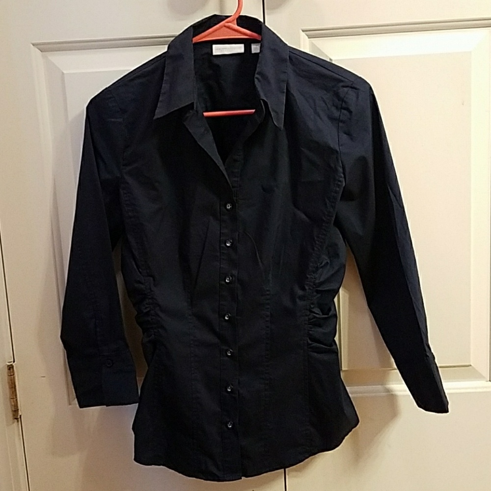 Navy blue ruched side button down dress shirt