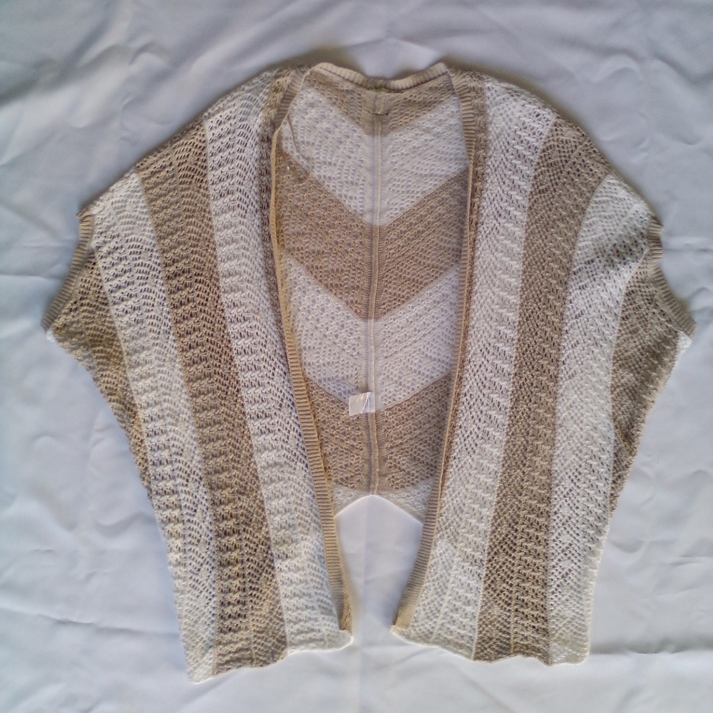 Lightweight Tan & White Knit Striped Cardigan Open Shawl Sweater Cal Style L