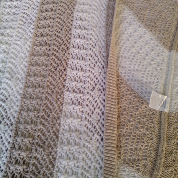 Lightweight Tan & White Knit Striped Cardigan Open Shawl Sweater Cal Style L - Picture 4 of 4