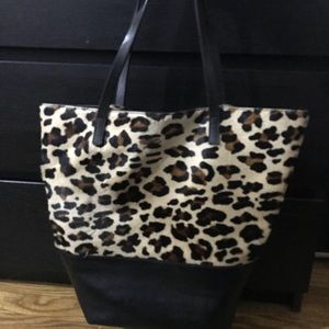 Leather and cow hair cheetah print tote