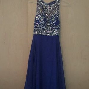 Royal blue, floor length prom dress.