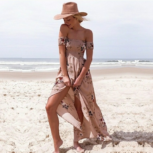 Khaki Off The Shoulder Floral Maxi Dress - Picture 1 of 5