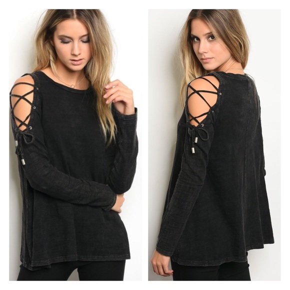Tops - Lace up sleeves black acid wash top