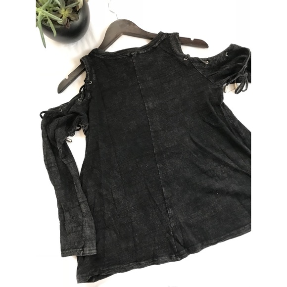Lace up sleeves black acid wash top - Picture 2 of 5