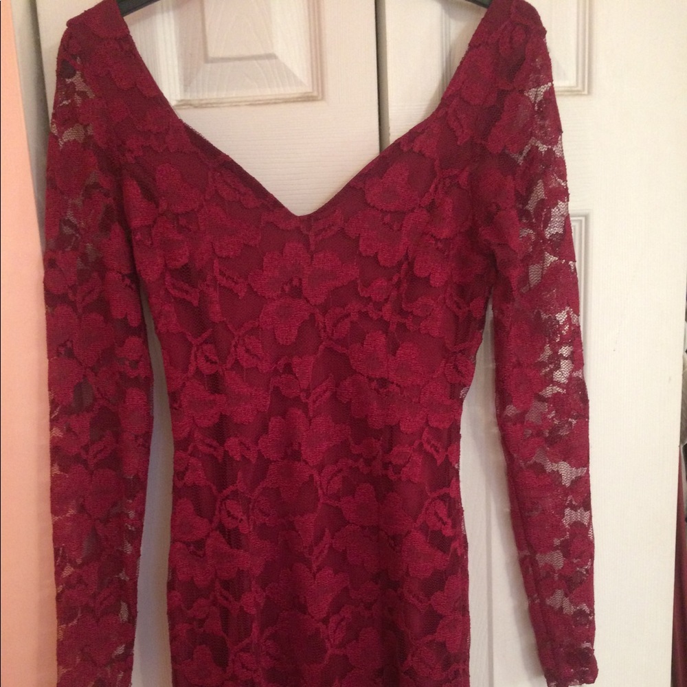 Red lace body con dress