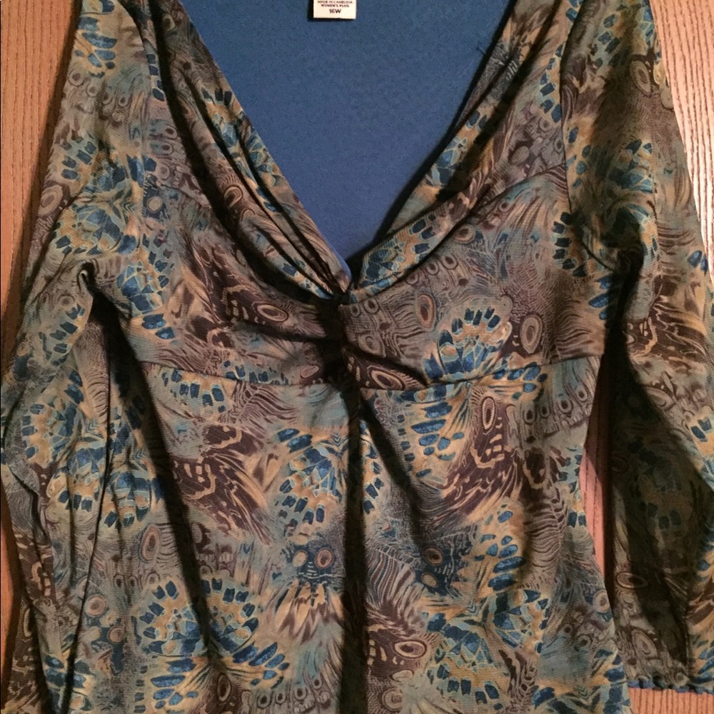 Women’s Sz 16w 3/4 inch sleeve blouse peacock