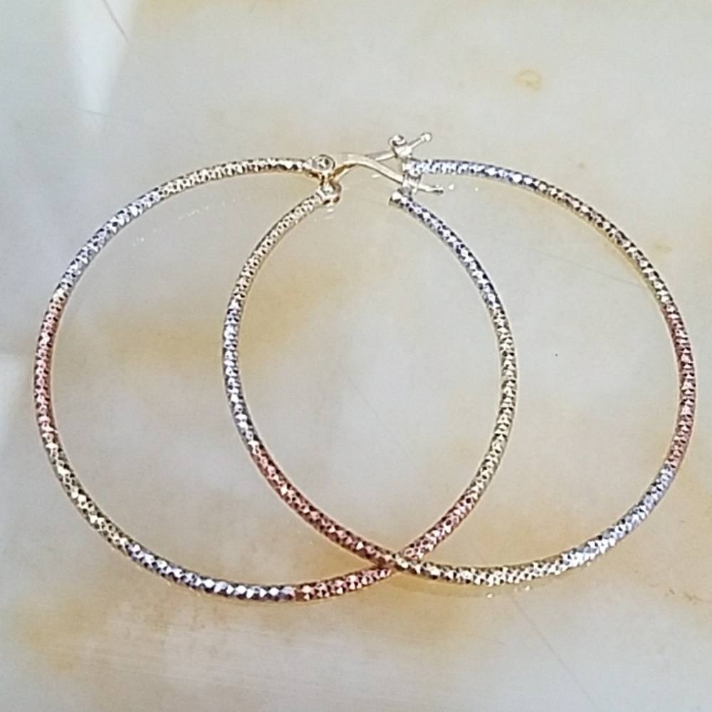 New 14k Solid tri color Hoop Earrings 1 inches - Picture 1 of 6