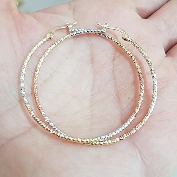 New 14k Solid tri color Hoop Earrings 1 inches - Picture 2 of 6