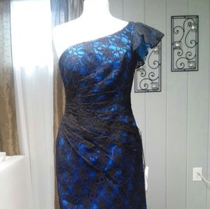 Royal Blue Satin & Black Lace Forml Cocktail Dress