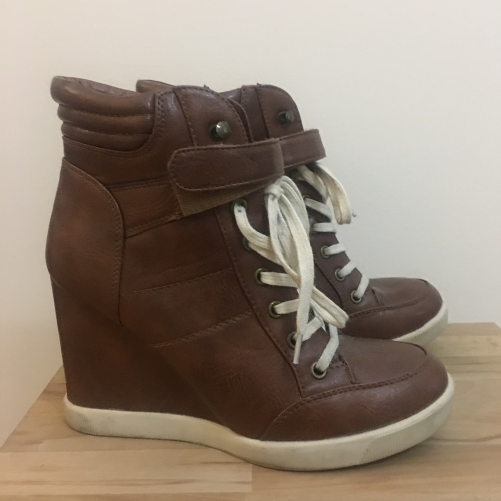 Brown Leather Wedge Sneakers