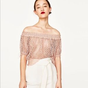 OFF-THE-SHOULDER lace blush pink, taupe top
