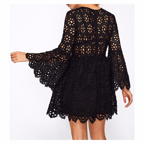 ❗️Black Trumpet Sleeve Eyelet Lace Dress - Picture 2 of 8