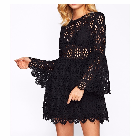 ❗️Black Trumpet Sleeve Eyelet Lace Dress - Picture 3 of 8