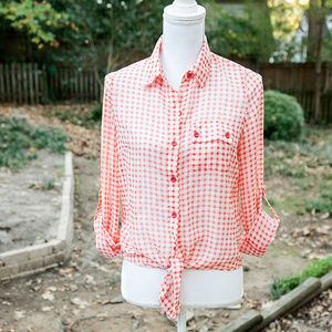 Timing Sheer Checkered Orange Button Down